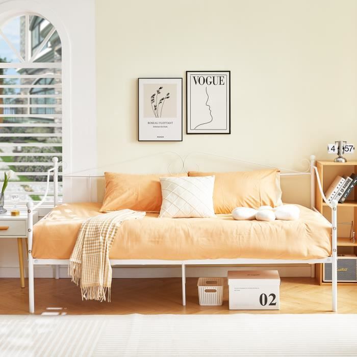 eggree lit simple 90x200cm-canapé lit en métal-blanc-sommier inclus