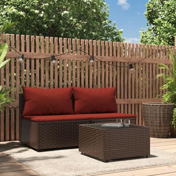 Salon de jardin - FAMIROSA - 3 pcs - Résine tressée - Coussins marron - Design contemporain