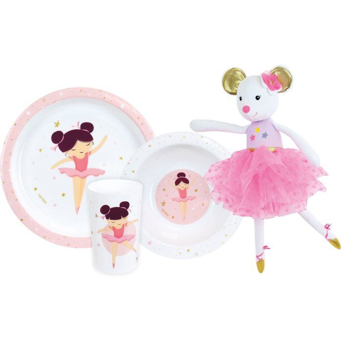 Lot vaisselle - FUN HOUSE - DANSEUSE BALLERINE - Assiette creuse Ø16 cm plate Ø22 cm verre 220 ml et peluche musicale 40 cm