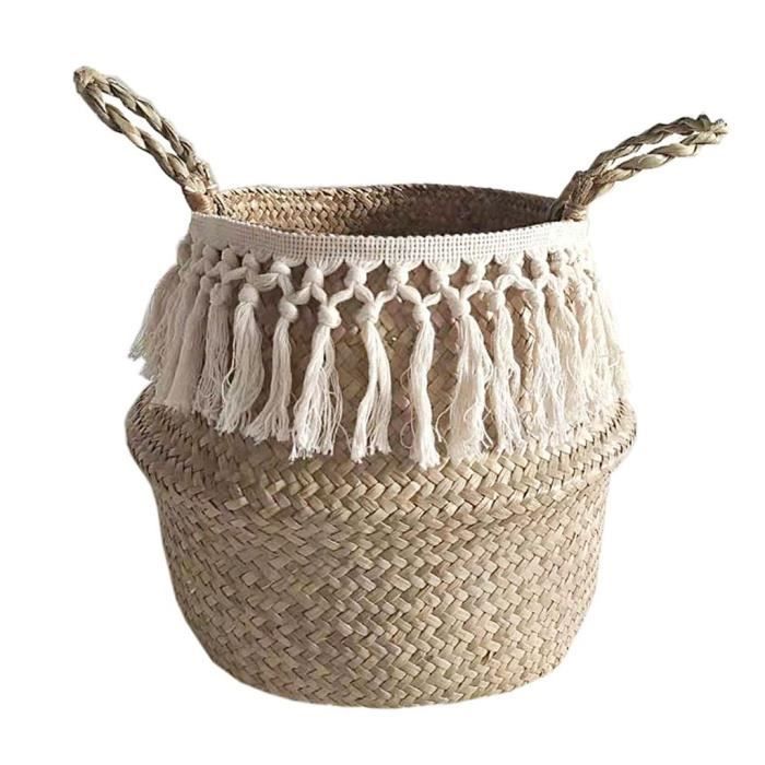 Cache-Pot En Osier Tressé Blanc - 27x24 Cm - Pliable Pour Rangement - Décoration Végétale Intérieur