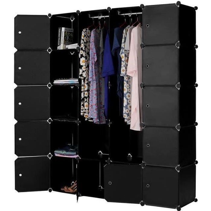 Armoire Penderie Portable 12 Cubes de Rangement et 2 sections suspendues, Etagères Empilables en