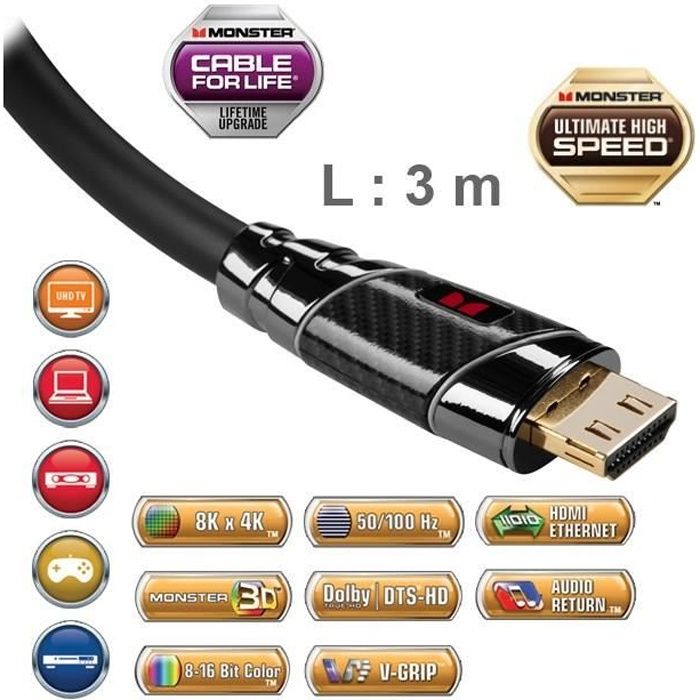 Câble HDMI Monster Black Platinium UHD 3m