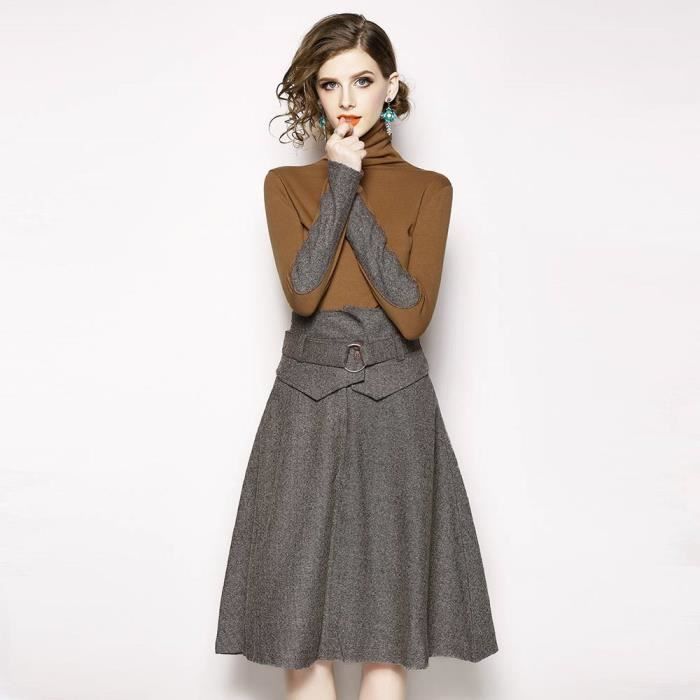 Jupe Robe Taille Haute Femme De Soiree Pull Top Femme Chic Elegant Ensemble De Vetements Soiree Femme Mi Saison Marron Cdiscount Pret A Porter