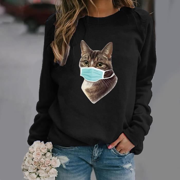 Pull Col Rond Manches Longues Imprime Motif Chat Masque Femme Noir Noir Cdiscount Pret A Porter