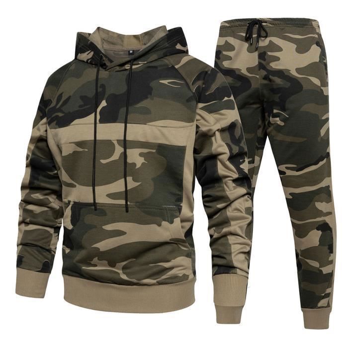 Ensemble Deux Pi?�ces Homme Camouflage Jogging Surv??tement Zipper Veste ?� Capuche Manches Longue 