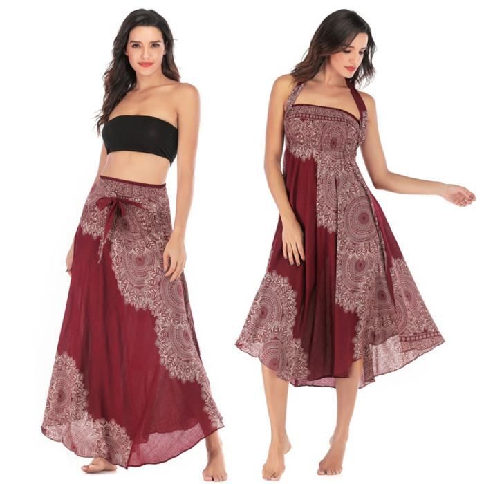 Jupe et haut en coton femme rouge – Set élégant bohème été, look moderne
