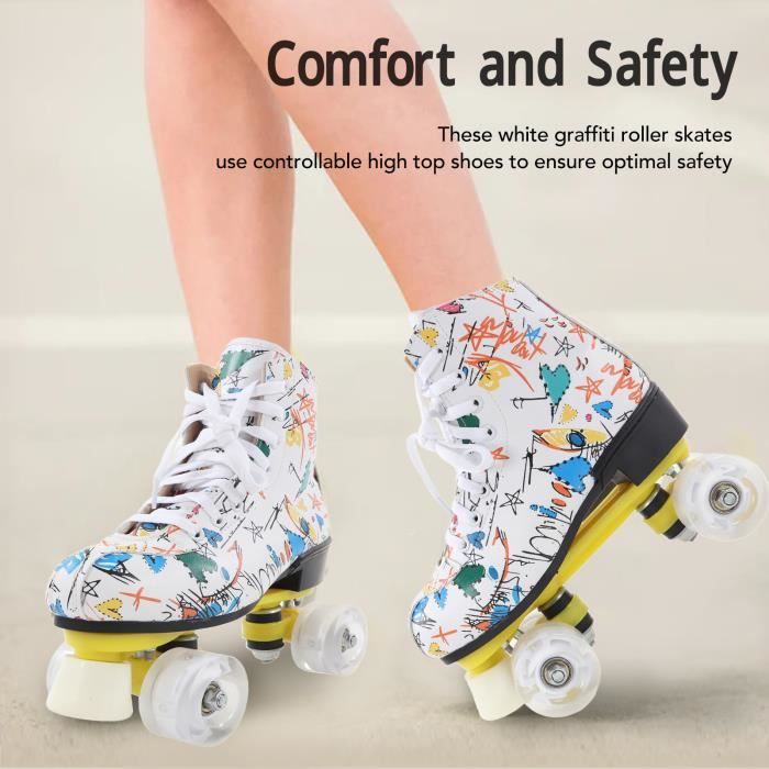 NEUF Double Row 4 Wheel Roller Skates White Graffiti Roller Skates