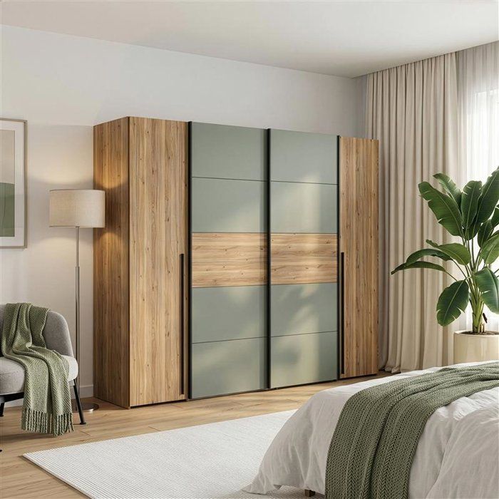 Armoire - Décor Chêne et vert Sauge - 2 portes battantes + 2 portes coulissantes - L270 x P61 x H210cm - NARAGO