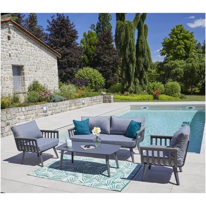 Ozalide Salon de jardin, table basse + 2 fauteuils + canapé 2 places