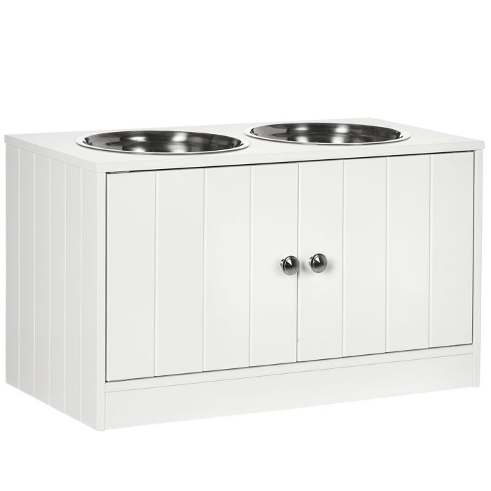 Gamelles chiens surélevées - PawHut - double chien chat 2 bols acier inox inclus meuble - bois - 60x30x355cm - blanc
