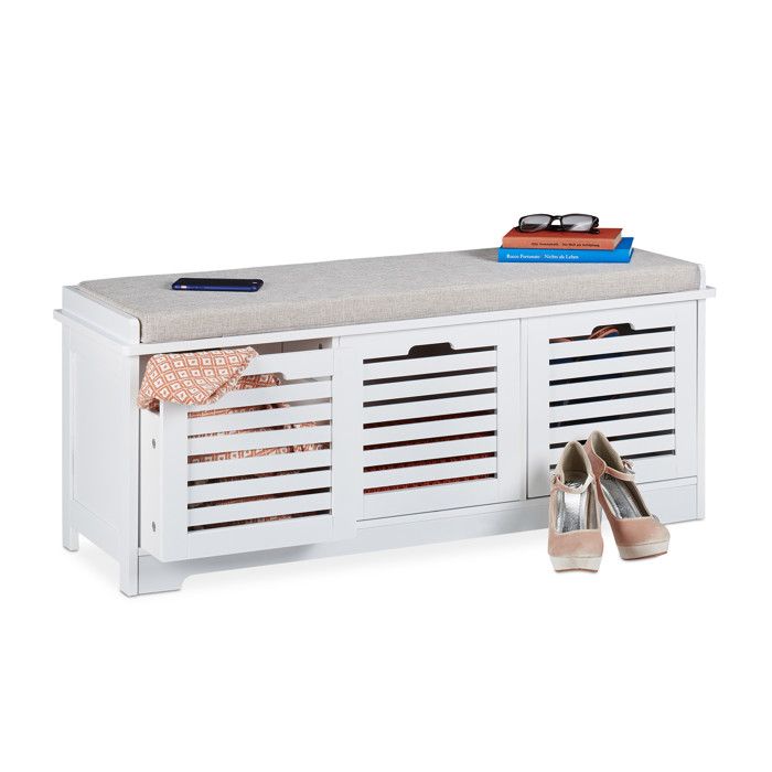 Relaxdays banc avec espace de rangement 3 paniers et coussin banquette cuisine garde robe HxlxP 44x105x35cm blan