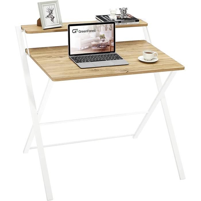 Bureau Pliant GreenForest 70cm - Avec Rangement 2 Niveaux, Marron, Idéal Petit Espace Ou Gaming