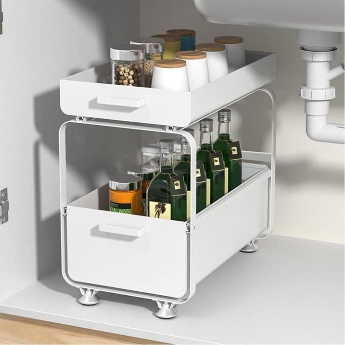 Rangement Sous Evier 2 Niveaux, Rehausser 34Cm Coulissant Organisateur Sous Évier Etagere Tiroir