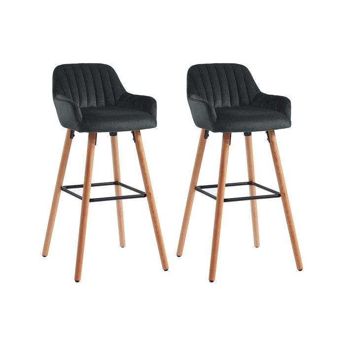 Lot de 2 tabourets de bar en velours et pieds bois de hêtre - Noir - ELEANA