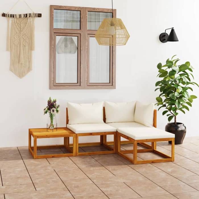 vidaXL Salon de Jardin 4 pcs avec Coussin Mobilier de Patio Meubles de Terrasse Meubles dExtérieur Mobilier de Jardin Crème