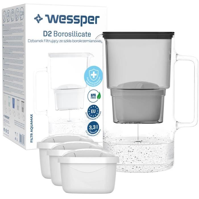 Wessper Crystalline Carafe en Verre noir 2,5 L avec filtre Wessper AquaMax + 3 filtres AquaFloow Maxi