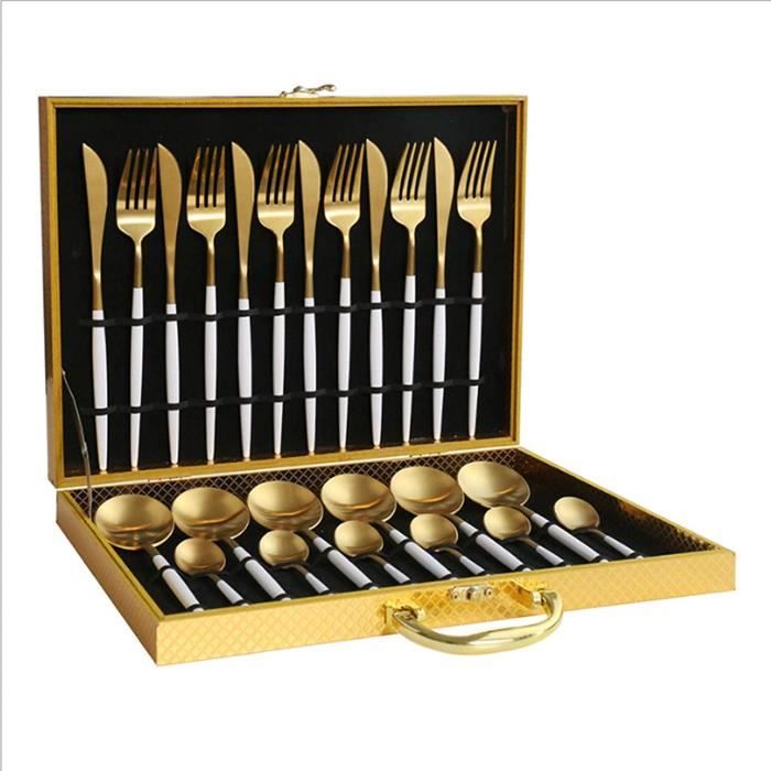 Ensemble de Coutellerie couverts de table 24 pcs acier inoxydable - fourchette à cuillère - Blanc + or
