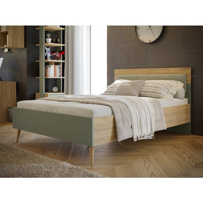 Lit double adulte WHENUA - 140 x 200 cm - Tête de lit en tissu - Vert Sauge / Chêne