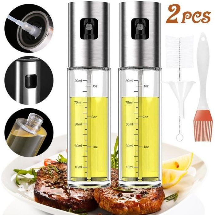 GEGNNS 2 Pièces Pulvérisateur D'huile, Spray Huile Cuisine, 100ml Vaporisateur Huile D'olive Avec Balance Oil Spray Huile Cuisine En Verre Et En Acier Inoxydable Pour Barbecue, Salade, Cooking, EU006