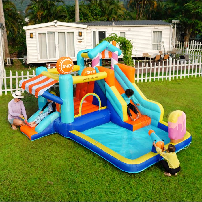 Château Gonflable Enfant Avec Soufflerie 450 W, Parc Aquatique Bleu En Tissu Oxford