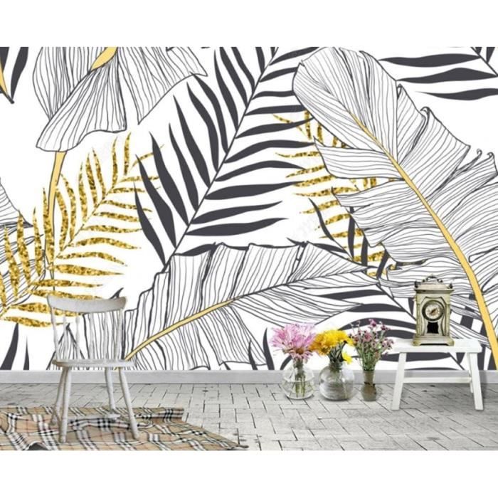 Papier Peint Panoramique 3D Art De Feuille De Plante D'Or Noir Et Blanc ...