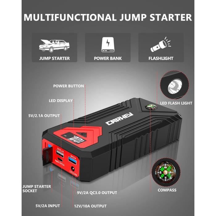 Booster Batterie Voiture CARHEV 3000A, 27000mAh Démarreur de Voiture  (Jusqu'à 8L Essence & 8L Diesel) , 12V Jump Starter avec charg - Cdiscount  Auto