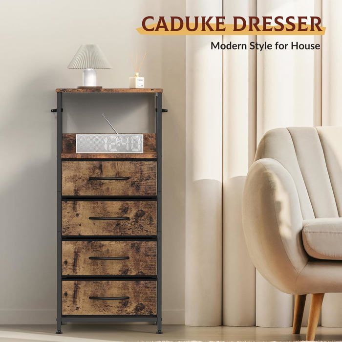 Commode En Tissu Avec 4 Tiroirs – Rangement Chambre, Cadre Acier, Plateau Bois (marron)