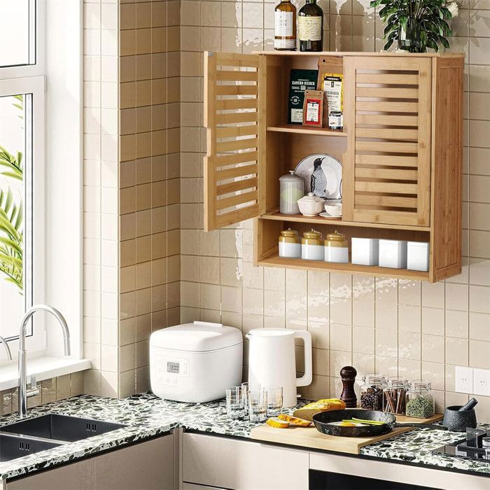 Meuble Salle De Bain Suspendu En Bambou – Armoire Murale – 58x20x62 Cm – Jaune