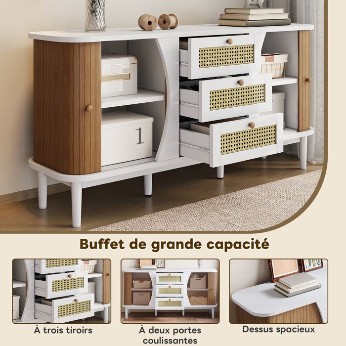 Buffet Salle à Manger Bois 2 Portes Coulissantes En Rotin Et Verre Meuble De Rangement Etageres Reglables Chene 60x40x100 Cm