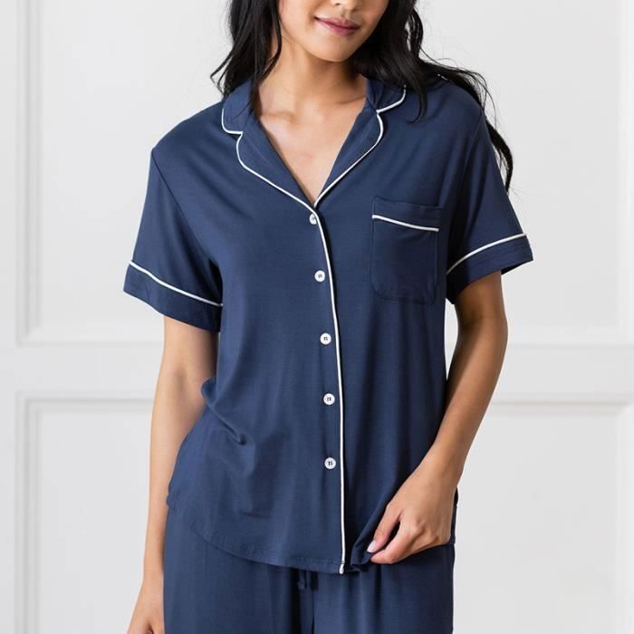 Pyjama Femme à Manches Courtes Pièces Chemise de Nuit Printemps-Été  Bleu marine