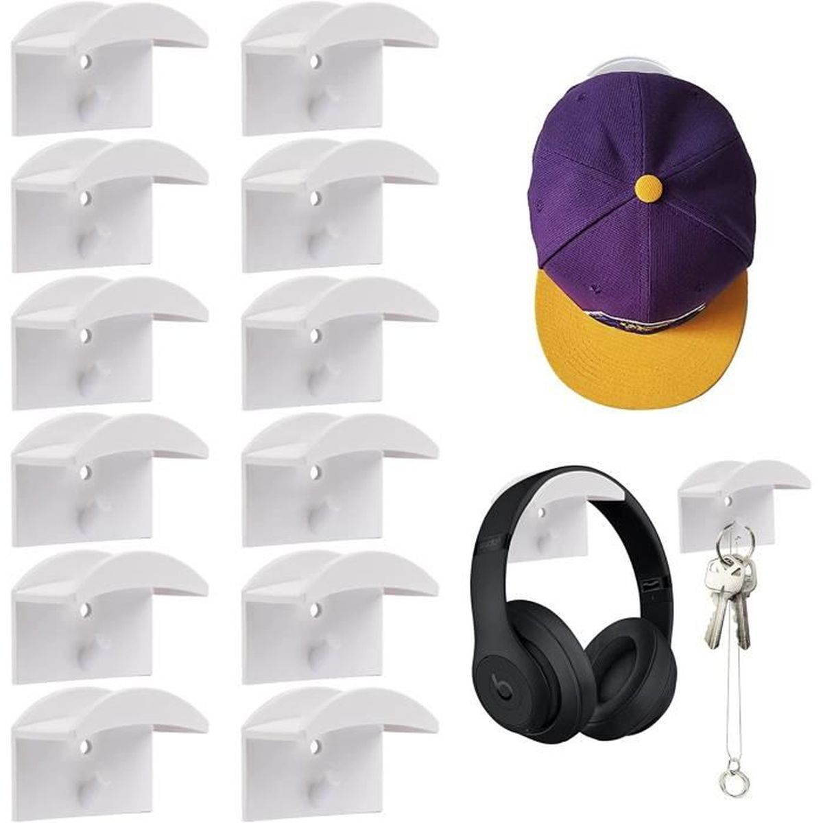 JCZD Lot de 8 crochets muraux adhésifs pour casquettes de baseball, présentoir minimaliste pour chapeaux de baseball, forte tenue murale (blanc JCZD Lot de 8 crochets muraux adhésifs pour casquettes de baseball, présentoir minimaliste pour chapeaux de baseball, forte tenue murale (blanc