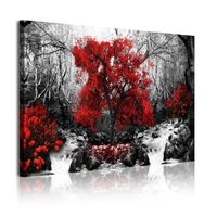 DekoArte - Impression Sur Toile Moderne | Décoration Pour Le Salon Ou Chambre | Paysage Noir Blanc Arbres Rouges | 120 x 80 cm