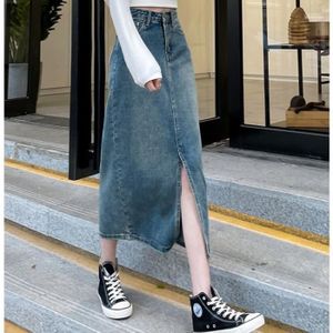 JUPE Jupe,Jupe en jean grande pour filles, Maxi, avec fente frontale, style coréen, élégante, décontractée, longue, Denim - Blue[D43525]