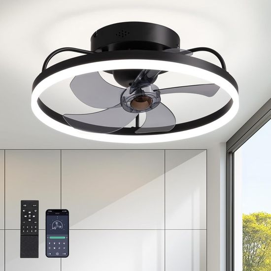 Ventilateur De Plafond Avec Télécommande 33 Cm - Lumière LED 3 Couleurs, Minuterie, 6 Vitesses - Noir