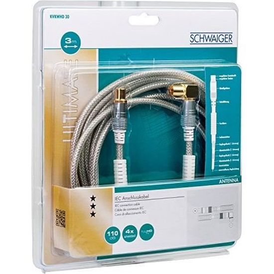 Câble D'antenne Schwaiger 3 M - Connecteur F Plaqué Or - Haute Performance 110 DB - Pour TV, Parabole - 6