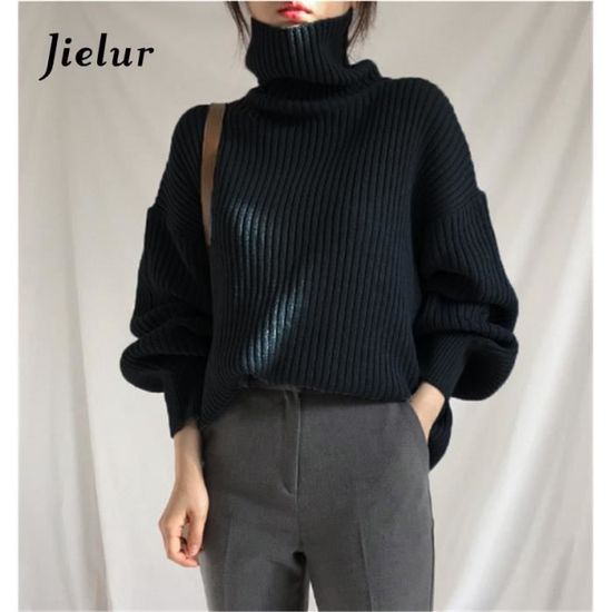 Pull Femme Noir Col Montant Zippé – Tricot Coréen Hiver Chaud – Taille S à XL – Neuf Avec étiquettes