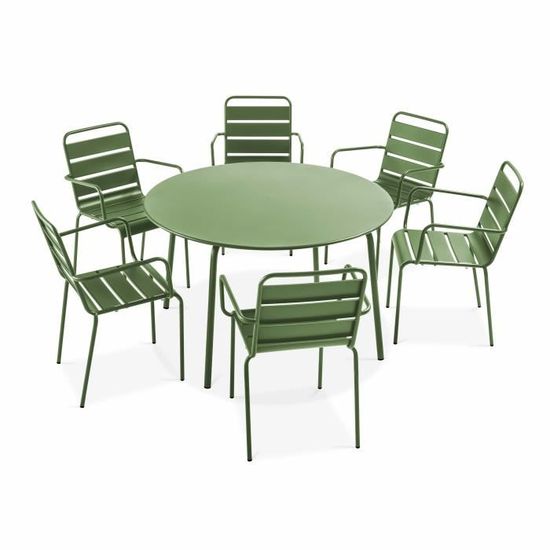 Salon de jardin Palavas - Table ronde et 6 fauteuils - Acier - Vert Cactus