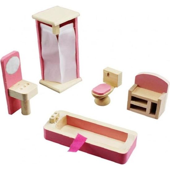 jouet .doll maison meubles maison jouet en bois 1 12 échelle miniature salle de bain set de poupée house accessoires bricolage rose