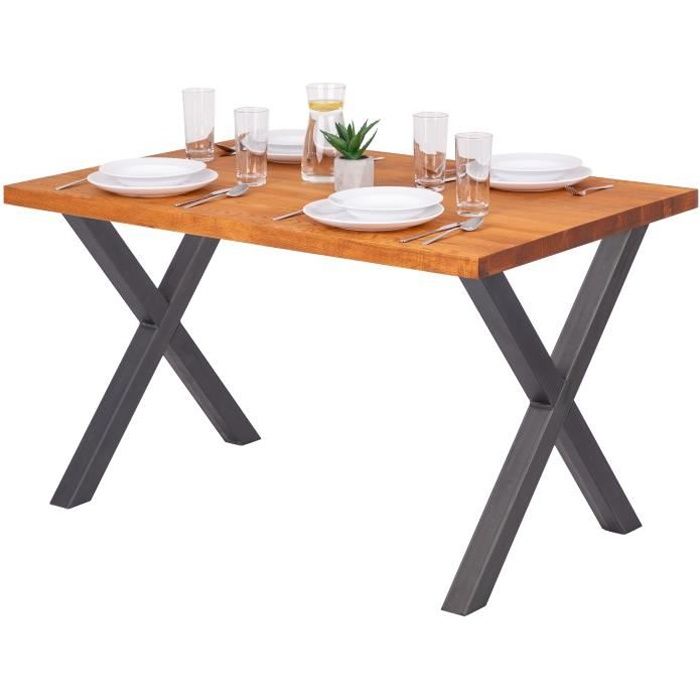LAMO MANUFAKTUR Table à manger industrielle en bois massif - 120x80x76cm - frêne foncé - pieds acier brut - modèle design