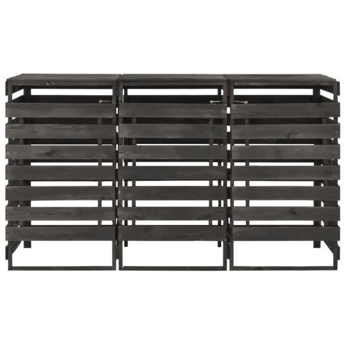 Abri de poubelle triple/Cache-conteneurs à déchets - 210x75x121 cm - Bois de pin massif peint - gris - FAN - Qualité Parfaite