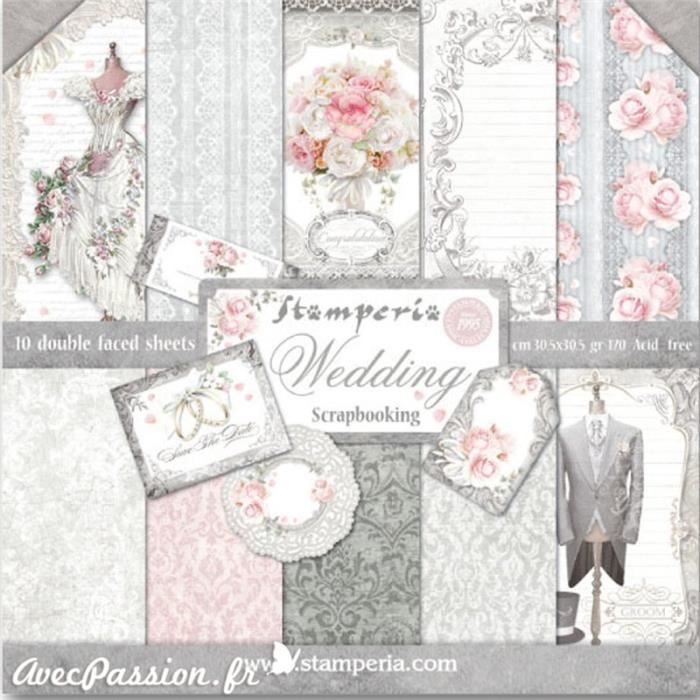 Papier scrapbooking assortiment mariage 10f recto verso 30 x 30 cm Multicolore