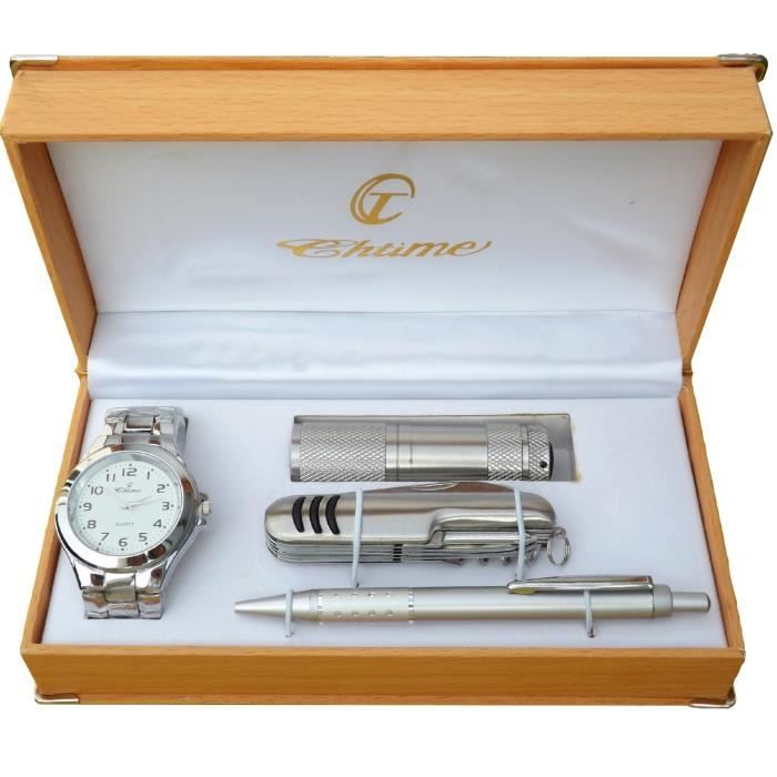 COFFRET CADEAU MONTRE HOMME + LAMPE + COUTEAU