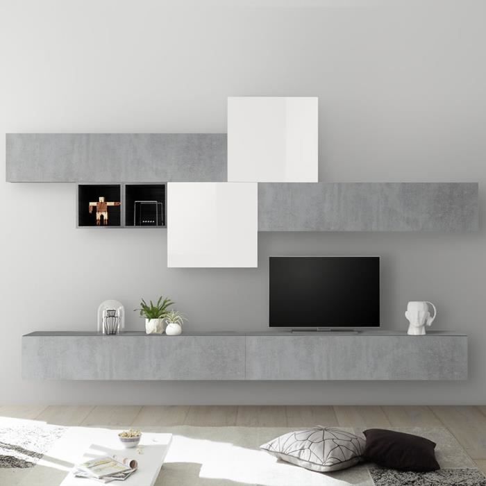 Mur TV design blanc laqué et gris béton PULSANO Gris L 275 x P 300 x H 200 cm
