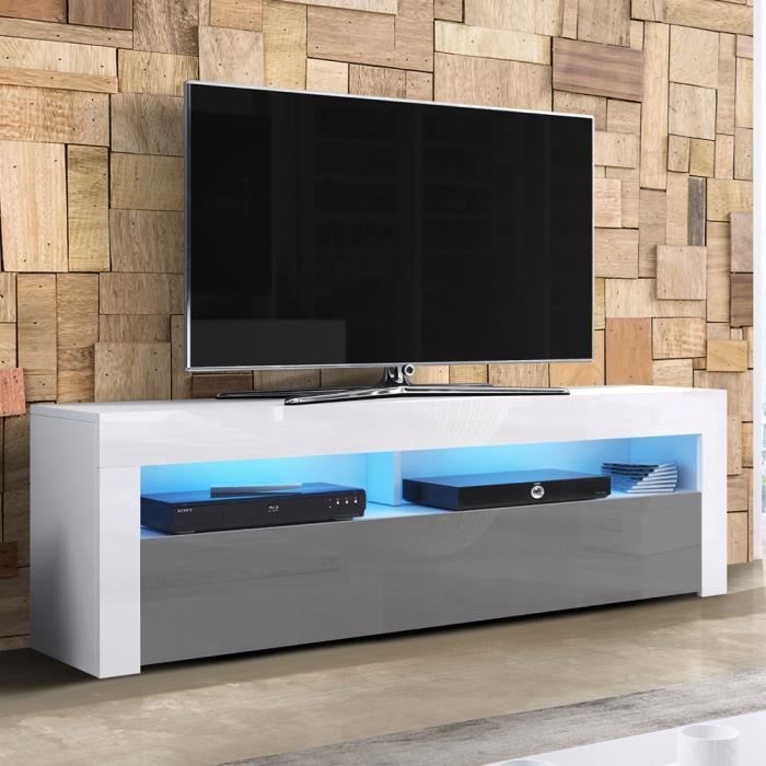 Meuble TV / Meuble de salon - ALAN - 160 cm - blanc mat / gris brillant - avec LED - style moderne