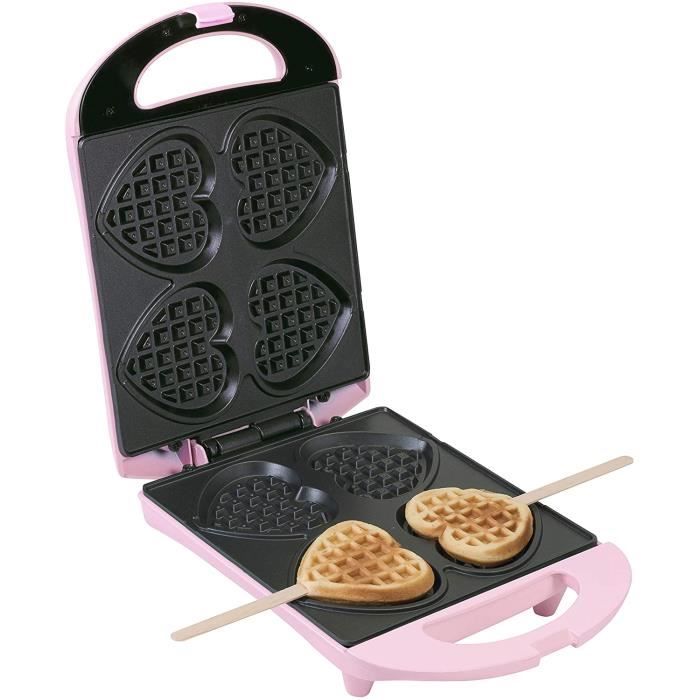 Bestron Gaufrier pour de petites gaufres en forme de cœur piquées sur bâtonnet, Design rétro, Sweet Dreams, 780 W, Rose
