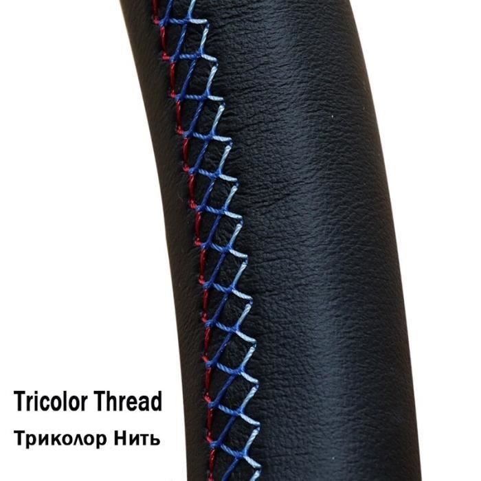 Couvre volant,Housse de volant en cuir véritable noir, cousue à la main, pour BMW X6 E71 2008 2014 E70 X5 - Type Tricolor Thread