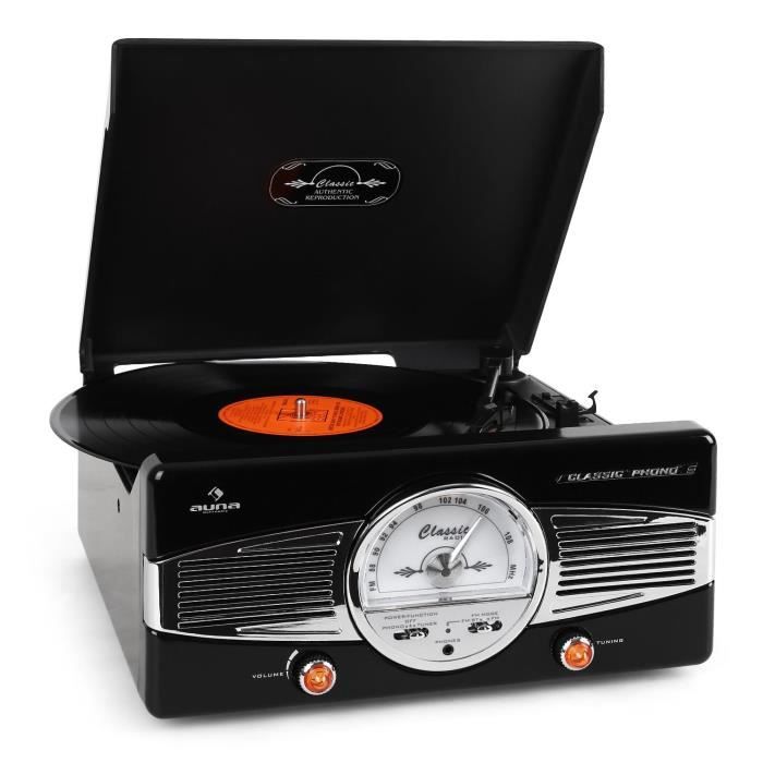 auna Platine vinyle - chaine stéréo avec tuner radio FM/AM et design rétro 50's Noir