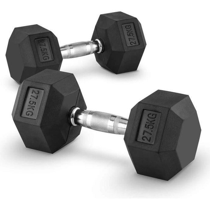 CAPITAL SPORTS Hexbell - Paire d'haltères courts pour musculation, cross-training… (caoutchouc résistant, prise chromée) - 2x 27,5kg