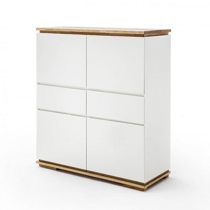 Buffet haut CHARLY 4 portes 2 tiroirs laqué blanc mat socle et plateau chêne massif blanc Bois Inside75