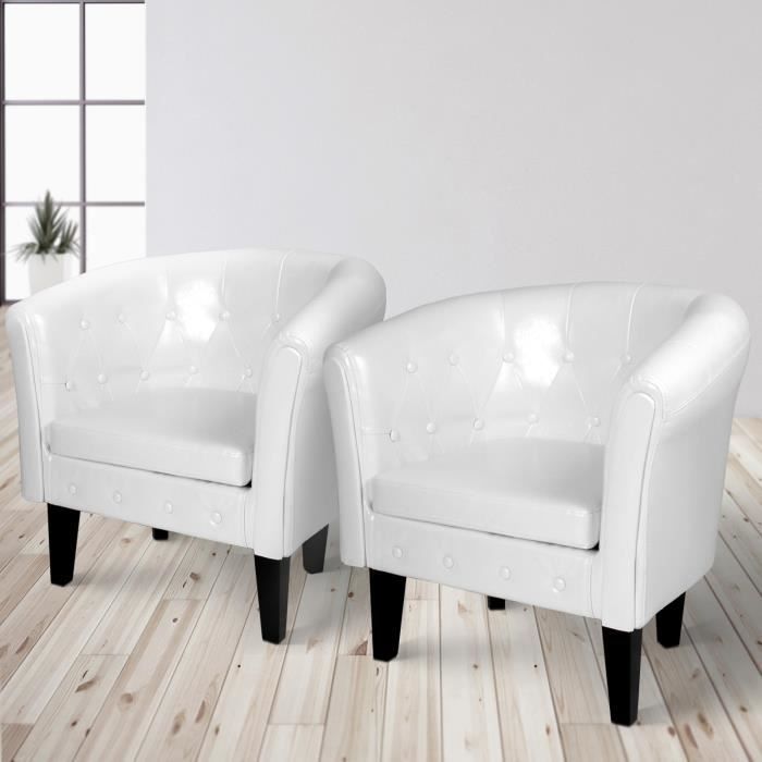 MIADOMODO® Fauteuil Chesterfield - Lot de 2, Simili Cuir, Bois, 58x71x70cm, Blanc - Chaise, Cabriolet, Meuble de Salon
